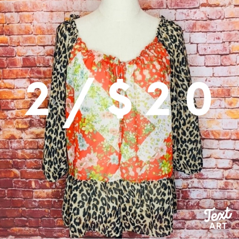 New York & Company Floral Leopard Print Boho Peasant Blouse